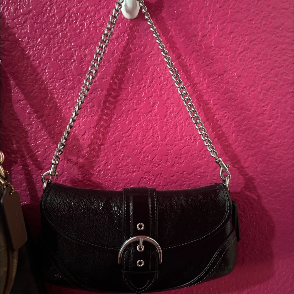 Coach Black Leather Mini Shoulder Bag with Silver Chain